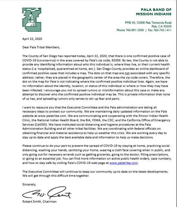 Announcement from Pala Band of Mission Indians.