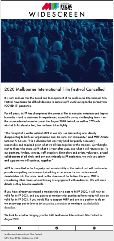 A screenshot with information about the 2020 Melbourne International Screen Festival being cancelled.