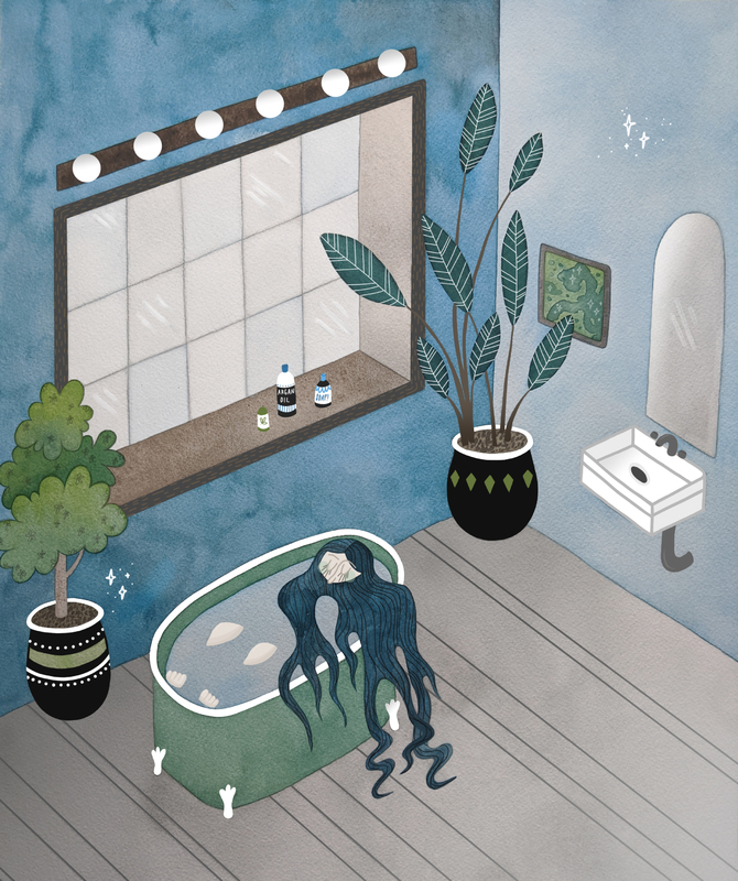 A girl is taking a bath in a bathroom with a few plants, a big window and a sink with a mirror. She has long hair and her knees poke out of the bathwater. The bathtub is green and the walls of the bathroom is various shades of blue. The girl's hair is so long that is sprawls out of the tub onto the floor.