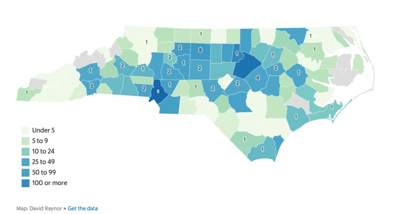 A screenshot of a map showing Covid rates within the state of North Carolina.