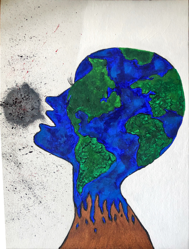 Artistic depiction of the Earth in the form of a bald woman, with a fire neck, and she's breathing out smoke representing the pollution created by humans.