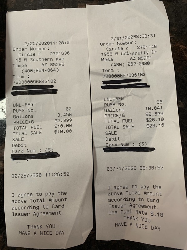 Two receipts from a gas station to compare gas prices before and after quarantine.