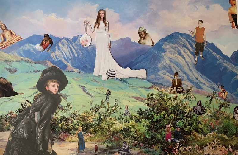 A poster that has various people around it social distancing.