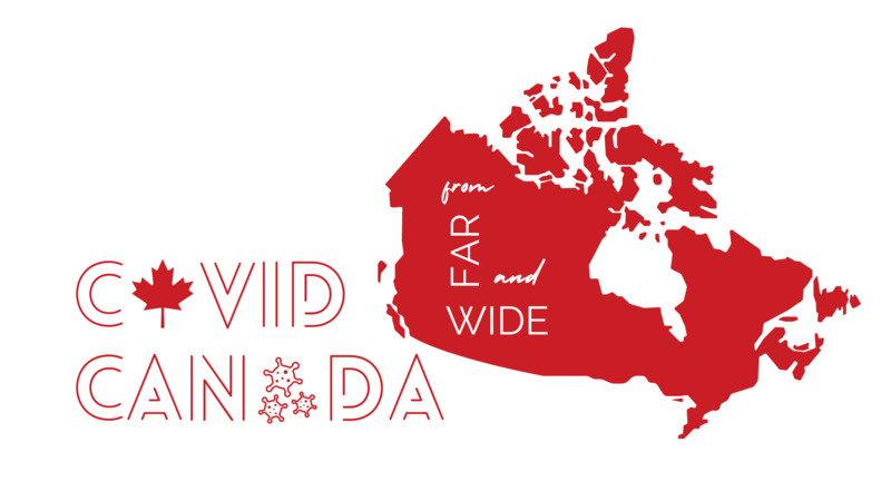 This is a picture of a red graphic, which consists of a map of Canada and the words "COVID Canada: From Far and Wide" printed near it.