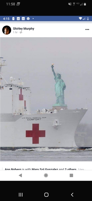 U.S. Naval Hospital ship COMFORT in front of the Statue of Liberty.