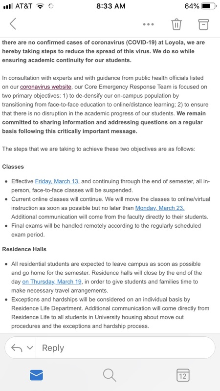 A screenshot of an email from Loyola University Chicago to their students. 