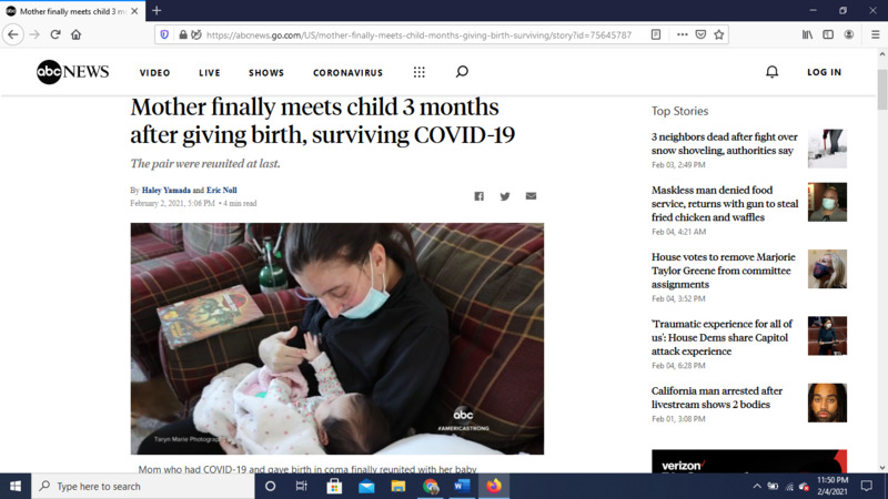 Screenshot of ABC News web article. Headline reads, "Mother finally meets child 3 months after giving birth, surviving COVID-19".