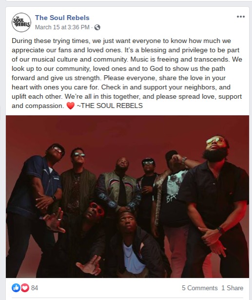 A Facebook screenshot of a post made by The Soul Rebels.