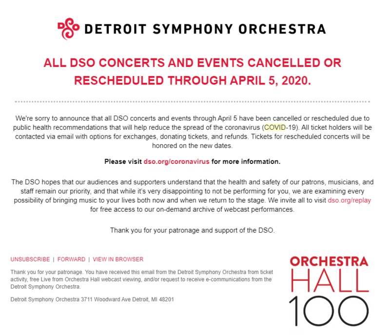 Screenshot of a letter that was sent to patrons of Detroit Symphony Orchestra.