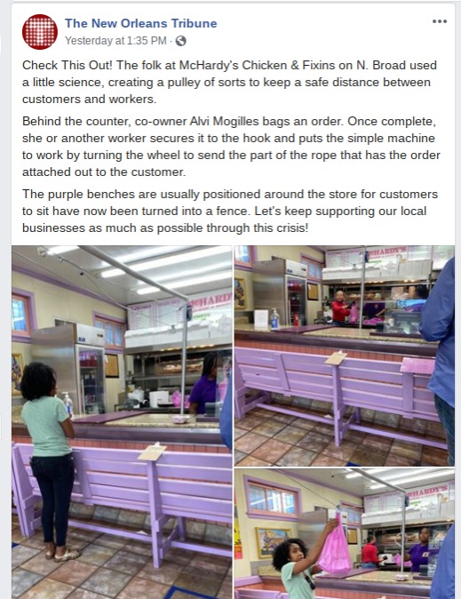 Article from New Orleans Tribune about social distancing in a restaurant.