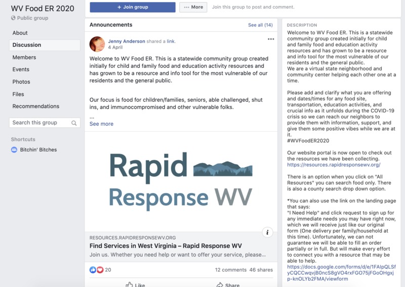 Screenshot of Facebook group page "WV Food ER 2020" showing the post about "Find Services in West Virginia - Rapid Response WV"