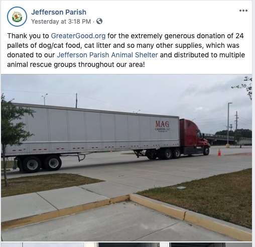 Screenshot of a Facebook post made by Jefferson Parish.