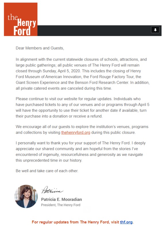 Screenshot of an email from the Henry Ford Museum to their patrons.