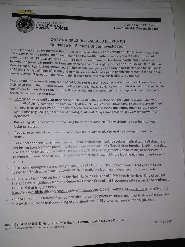 NC Department of Health and Human Services flyer about "CORONAVIRUS DISEASE 2019 (COVID-19)
Guidance for Persons Under Investigation"