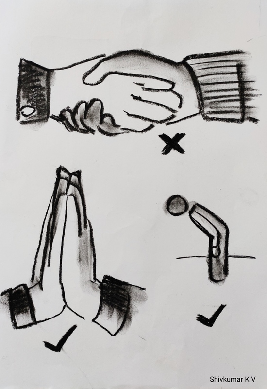 Drawing of hands shaking with a X beneath it. On the bottom left has two hands touching palms with a check mark underneath the hands. On the bottom right is a person bowing with another check mark underneath.