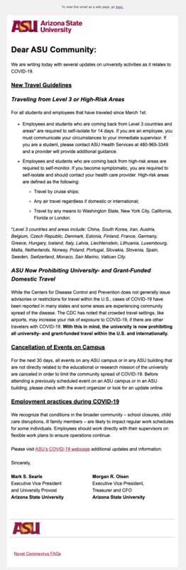 Screenshot of an Arizona State University (ASU) email that shows new travel guidelines for students and staff. The email also includes events being canceled on campus and employment practices during COVID-19.