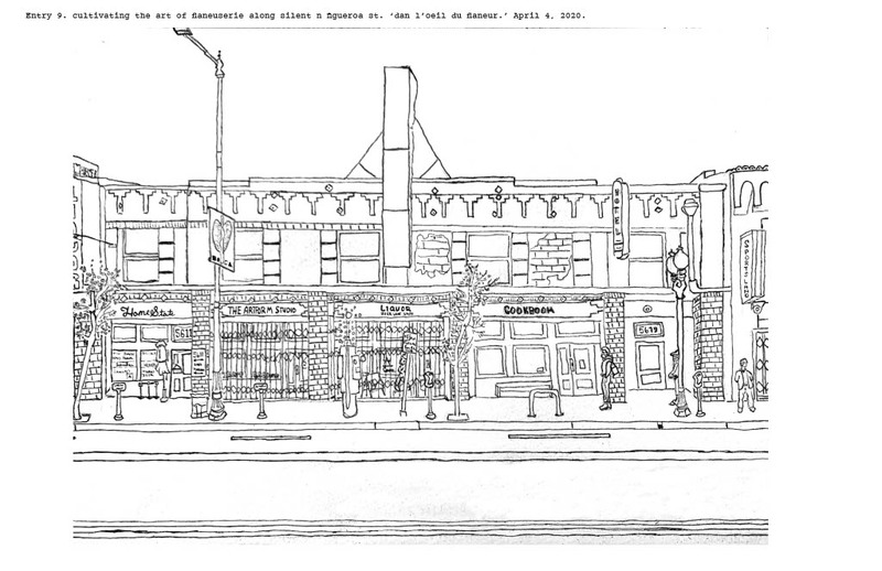 Drawing of buildings and a sidewalk. 