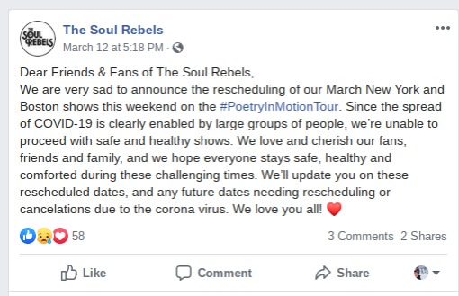 A Facebook screenshot of a post made by The Soul Rebels.