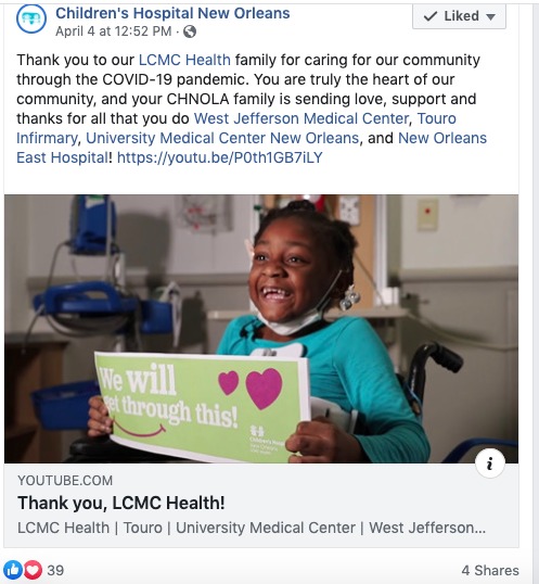 A screenshot of a Facebook post by Children's Hospital New Orleans.