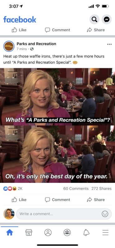 Meme about "Parks and Recreation" television show, stating "What's a Parks and Recreation Special?" "Oh, it's only the best day of the year!"