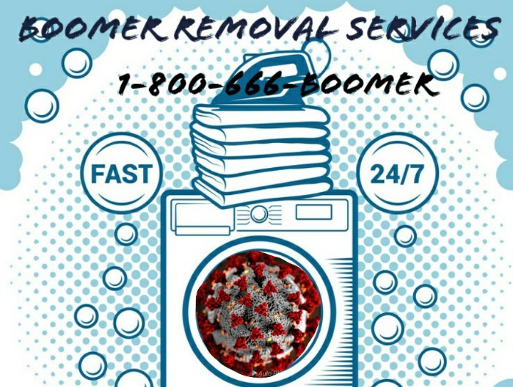 A meme with a washer that has the coronavirus inside. The meme says: Boomer Removal Services 1-800-666-BOOMER FAST 24/7.