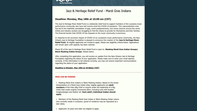 Screenshot of information page regarding "Jazz & Heritage Relief Fund - Mardi Gras Indians"