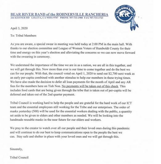 Announcement from the Bear River Band of the Rohnerville Rancheria.