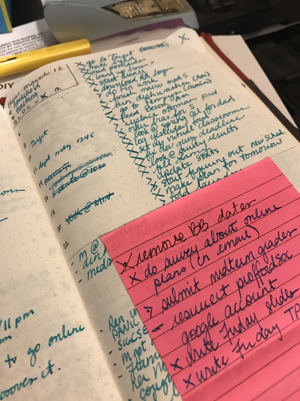 A planner that has multiple lists and a pink sticky note with another list written on it.