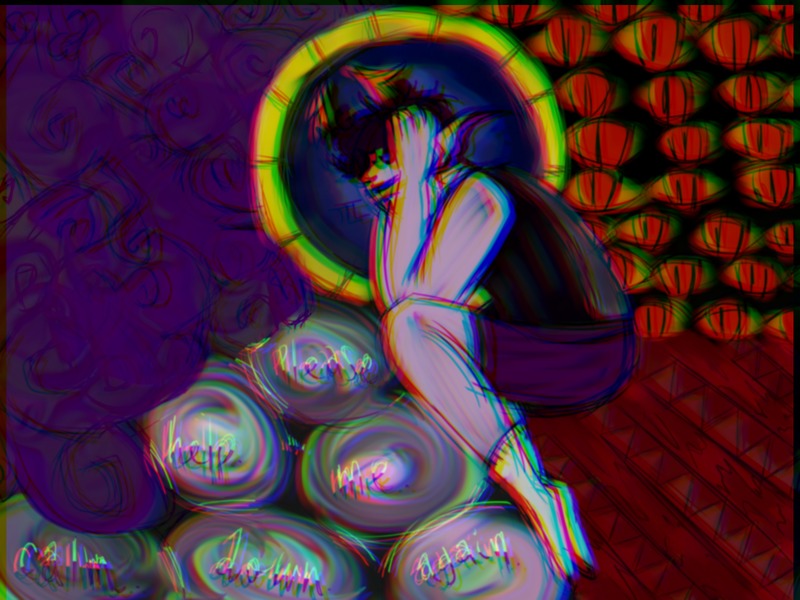 An artwork with a red and purple background of a person holding their head.