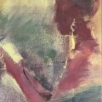 This is a picture taken of a painting which depicts a woman reading a book.