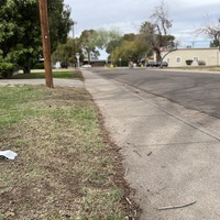 This is a picture of a discarded face mask that has been left on someone's lawn. A residential street can be seen in the background.