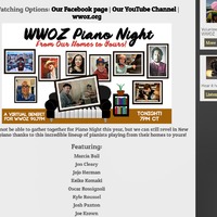 Flyer screenshot with text, "WWOZ PIANO NIGHT - From Our Homes to Yours! - A VIRTUAL BENEFIT FOR WWOZ 90.7FM - TONIGHT AT 7PM CT" Flyer has photos of artists that will be performing at the event and their names listed below.