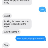 screen shot of text messages talking about getting a jazz band together for a socially distanced concert