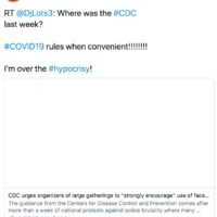 Tweet for Dorcas decrying the CDC as using the coronavirus recommendations as politically motivated.