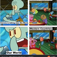 A scene from Spongebob Squarepants. Squidward is talking into the microphone and saying "Corona is taking over the world" and the crowd doesn't react. Then Squidward says "our world" and then the crowd starts to freak out.