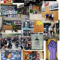 This is a collage of different pictures and signs advocating for the Black Lives Matter movement. Some depict George Floyd, while others show protesters in action.