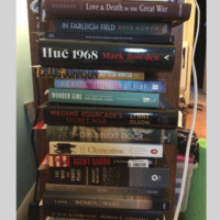 A large stack of books.