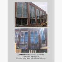 Two photos of glass being installed on a building.