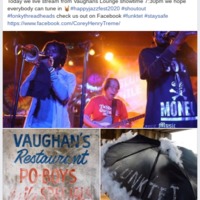 Social media post by "Corey Henry" about live stream show. Three photos: one with three musicians playing, one on trumpet, one guitar, and one singing (top); text, "VAUGHAN'S RESTURANT PO BOYS...SPECIALS SEAFOOD" (bottom left); a black umbrella with boa feathers with text, "FUNK TET" on top (bottom right).