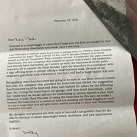 Typed letter dating February 10, 2021 with a small baggie of ashes offered from a church to congregants for remote Ash Wednesday services.