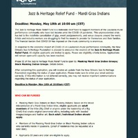 Screenshot of information page regarding "Jazz & Heritage Relief Fund - Mardi Gras Indians"