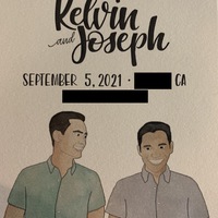 This is a picture taken of the front of a wedding invitation, which has a message displayed over a drawing of two men smiling and holding hands. The message reads: "Save the date for the wedding of Kelvin and Joseph, September 5th 2021, CA."